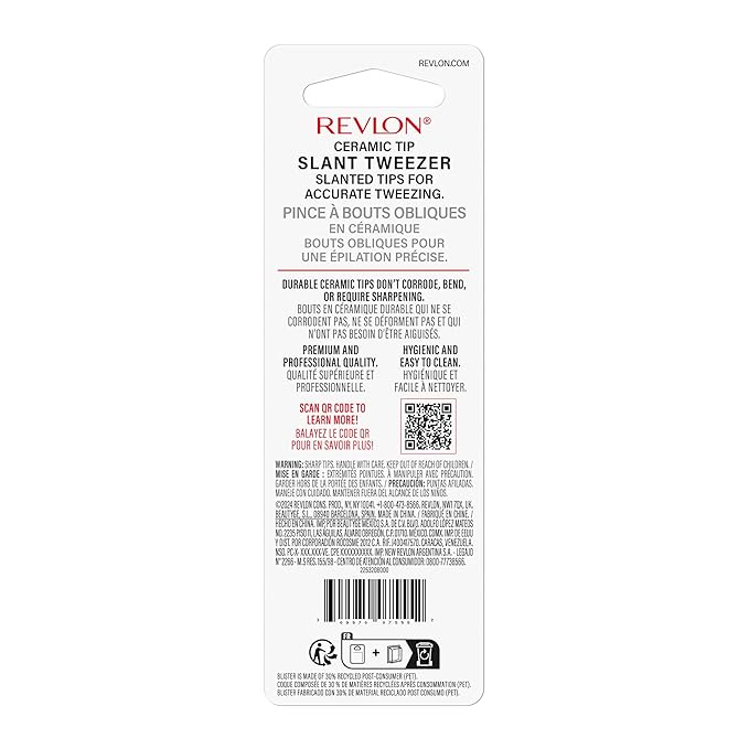 Revlon Ceramic Slanted Tip Tweezers, Precision For Eyebrow Shaping and Fine Hair Removal, Stainless Steel Body, Red, 1 Count