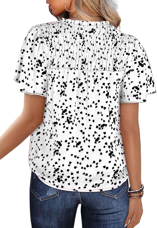 SHEWIN Women's Casual V Neck Floral Print Smocked Short Sleeve Chiffon Blouses Bohemian Top Shirts