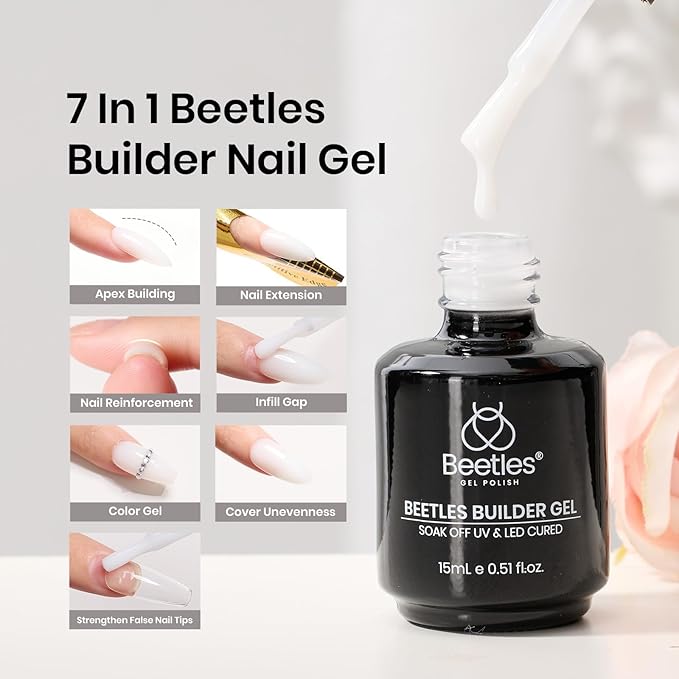 Beetles Builder Gel for Nails -15ml 7 in 1 Milky White Nail Strengthener Gel for Building Apex & Nails Extension DIY Salon Nail Art Design Beauty Gift Sets for Mom Women