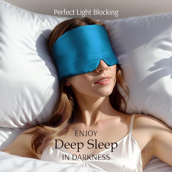 Zenssia 100% Mulberry Silk Sleep Mask Eye Mask for Man and Woman with Adjustable Headband, Full Size Large Sleep Mask & Blindfold for Total Blackout for All Night Sleep, Travel & Nap- Peacock Blue