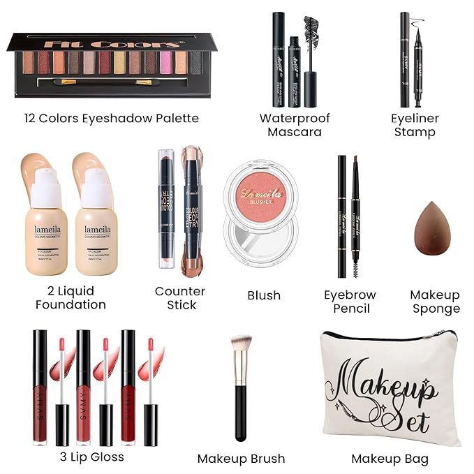 Makeup Kit for Girls Teens, Travel Makeup Kit, Facial Makeup Full Kit, Makeup Present Set for Beginners & Professionals, Cosmetic Bag Include Pigmented Blendable Eyeshadow Palette, concealer
