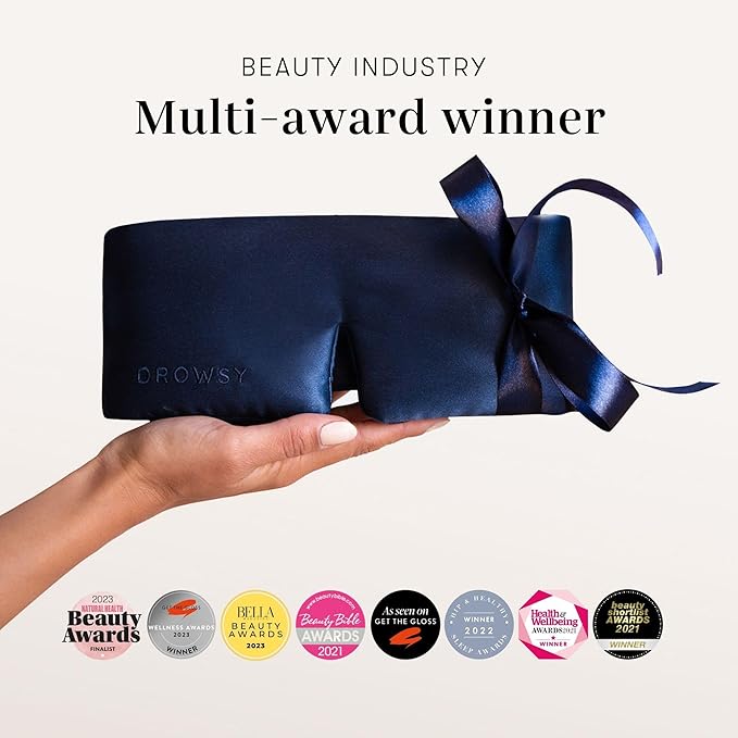DROWSY Silk Sleep Mask. Face-Hugging, Padded Silk Cocoon for Luxury Sleep in Total Darkness. (Midnight Blue)