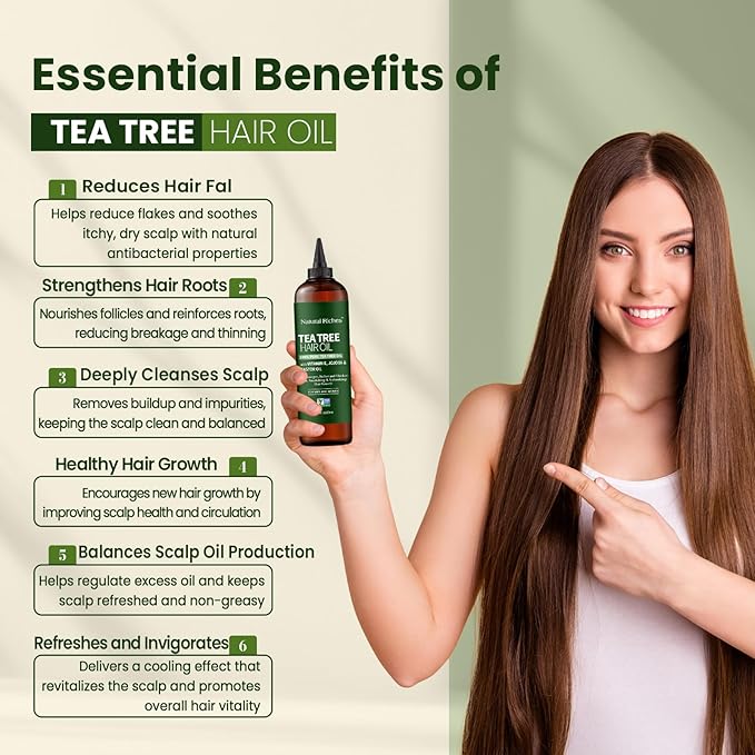 Natural Riches Tea Tree Oil for Hair - Blended with Vitamin E and Castor Oil for Hair Growth - Tea Tree Scalp Treatment for Dry Scalp - Lightweight Scalp Oil for Healthy, Strong Hair - 8 fl oz