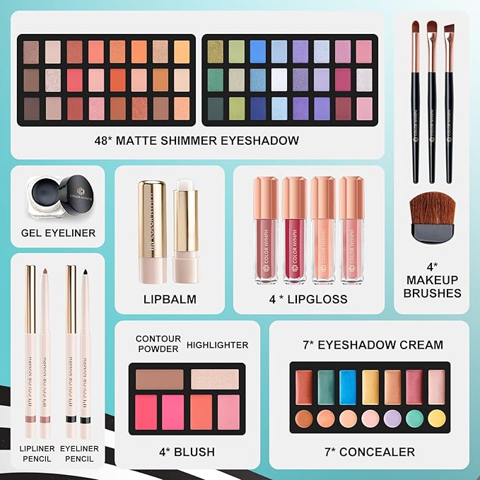 Color Nymph All In One Makeup Kit Comestics Gifts for Girls Teens, Travel Makeup Set 4 Trays Train Case for Beginner Includes Eyeshadow Highlighter Lipgloss Blush Concealer Brush Eyeliner Lipbalm