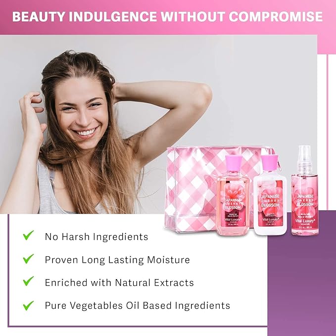 Bath & Body Kit Japanese Cherry Blossom, 3 Fl Oz, Ideal Skincare Gift, Home Spa Set, Includes Body Lotion, Shower Gel and Fragrance Mist, Perfect for Christmas Gifts and Festive Pampering