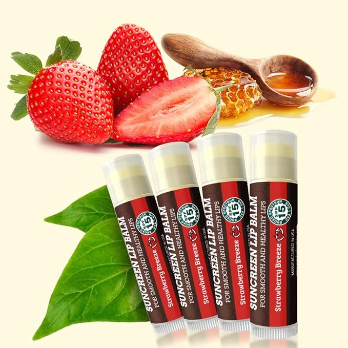 SPF Lip Balm 4-Pack by Earth's Daughter - Lip Sunscreen, SPF 15, Organic Ingredients, Strawberry Flavor, Beeswax, Coconut Oil, Vitamin E - Hypoallergenic, Paraben Free, Gluten Free