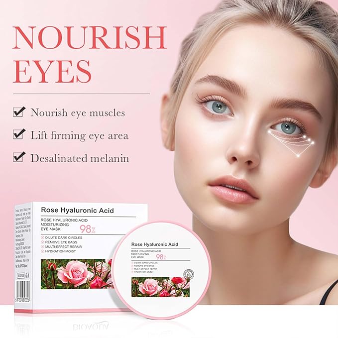 Rose Under Eye Mask,Rose Hyaluronic Acid Moisturizing Under Eye Patches,Collagen Under Eye Gel Patches for Dark Circles and Puffy Eyes Reduce Fine Lines Anti-Ageing
