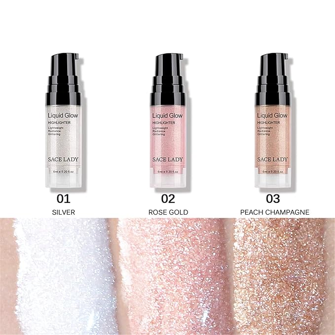 SACE LADY Liquid Highlighter Makeup Set Shimmer And Shine Ultra-Smooth Radiant Illuminator Kit For Face Cheekbone Body Glow Bronzer Glitter Illuminating Highlighters Makeups 3 Pack (3×6ml/0.2Fl Oz)