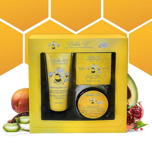BELLA B 3-Piece Gift Set - Pregnancy Gifts For First Time Moms - Pregnant Mom Gifts - Mom To Be Gifts - Pregnancy Gift Basket - Sitz Bath Soak - Honey Tummy Butter - Silk And Honey Moisturizing Cream
