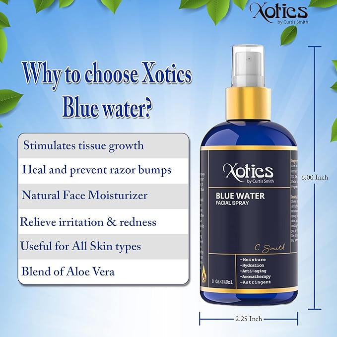Xotics Blue Water Facial Spray - 8oz - Hydrating Face Mist with Aloe Vera - Refreshing Toner for Men & Women, Aftershave, Daily Moisturizing Splash for All Skin Types