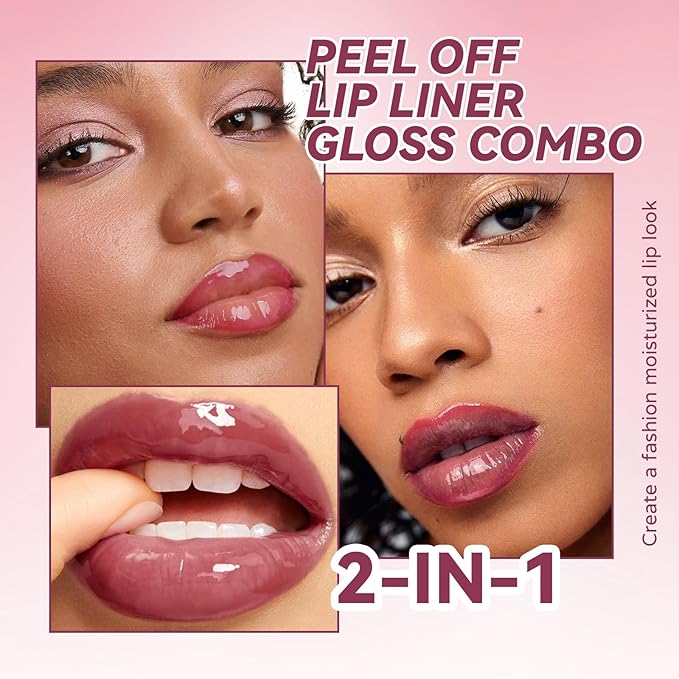 Dual-Ended Peel Off Lip Stain Liner, Long Lasting Waterproof Peel Off Lip Liner Tattoo with Nourishing Clear Gloss Combo Set, Transfer-Proof Non-Stick Cup Shiny Lips Tint Lipstick Makeup07