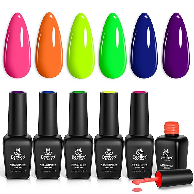 Beetles Halloween Gel Nail Polish Set - Dopamine Pleasure 6 Colors Gel Polish, Neon Orange Hot Pink Blue Yellow Green Purple Soak Off Uv Led Nail Art Manicure Gift for Women