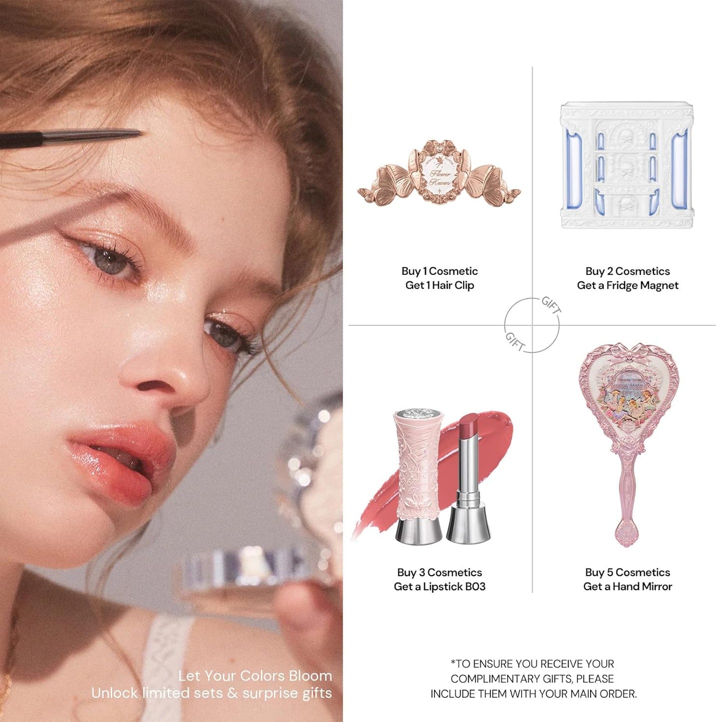 Flower Knows Enchanted Lip Kit,Strawberry Cupid Cake Lip Cream V03+V04 Set with Lip Brush & Leather Bag,4-Piece Makeup Gift Set