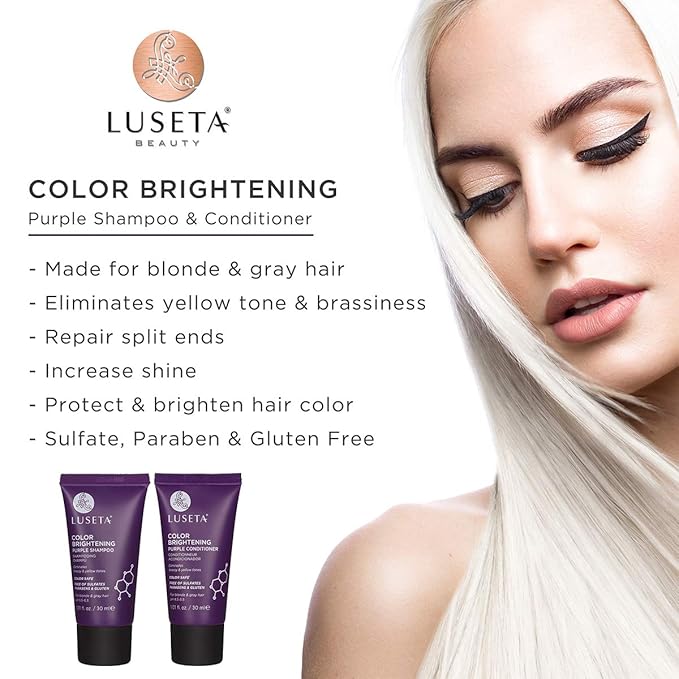 Luseta Color Brightening Purple Shampoo and Conditioner Travel Kit for Blonde and Gray Hair -Infused with Cocos Nucifera Oil to Help Nourish, Moisturize and Condition Hair, 2x1.01oz