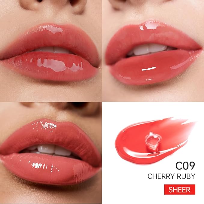 Catkin Lip Plumper Gloss, Tinted Lip Serum with Hyaluronic Acid & Jojoba Oil, Non-sticky Volumizing Hydrating Formula for a High Shine Maximum 3D Look, Plump & Soft Lips 0.12 Fl Oz - C09 Cherry Ruby