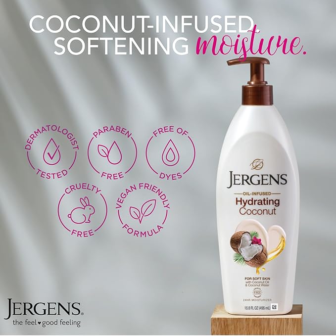 Jergens Hydrating Coconut Body Lotion, Hand and Body Moisturizer, Infused with Coconut Oil, Hydrates Dry Skin Instantly, Dermatologist Tested, 16.8 oz