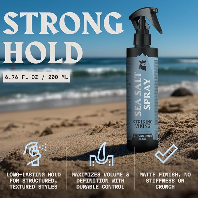 Striking Viking Sea Salt Spray for Men - Strong Hold - 200ml (6.76 Fl Oz) Blue Ocean - Texturizing, Volumizing & Curl Enhancing - Paraben Free - Sea Salt Spray for Hair Women