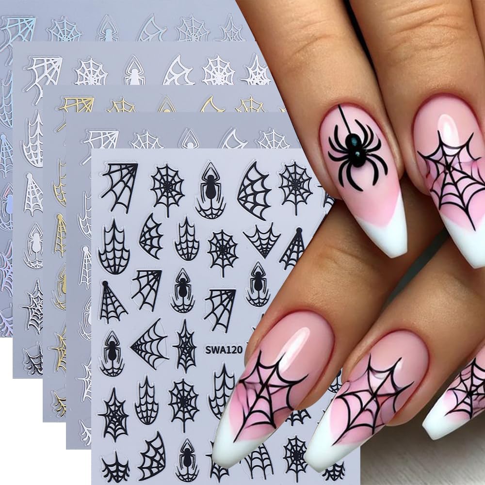 5 Sheets Halloween Spider Web Nail Stickers for Nail Art 3D Self-Adhesive Spider Web Nail Art Stickers White Black Silver Laser Gold Spider Nail Decals Holiday Nail Design Supplies for Women