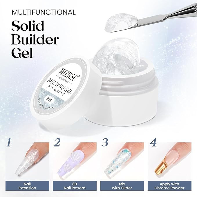 MIZHSE Solid Builder Gel, Aurora White Non-Sticky Hand Sculpting Gel for Nails, Mermaid Pearl 3D Nail Art Building Carving Modeling Hard Extension Soak Off U V LED Manicure Salon Home DIY 15g