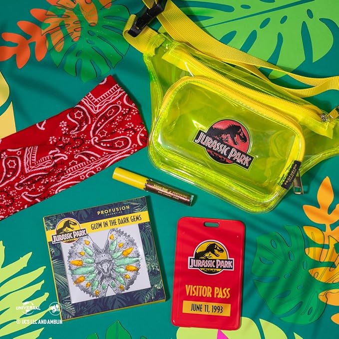 Profusion Cosmetics Jurassic Park Adventure Beauty Set - Experience the Thrills with the Jurassic Park Visitor Set - Face & Body Glow Gems, Chrome Liner, Collectors' Pass & Beauty Headband