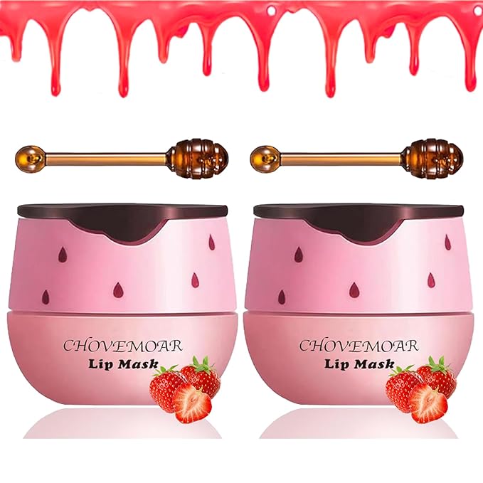 2 PCS Strawberry Lip Mask Lip Balm Honey Pot, Vitamin E & Moisturizing Propolis Sleeping Lip Mask Prevention Dry and Cracked Lip Scrubs Exfoliator (2 strawberry)
