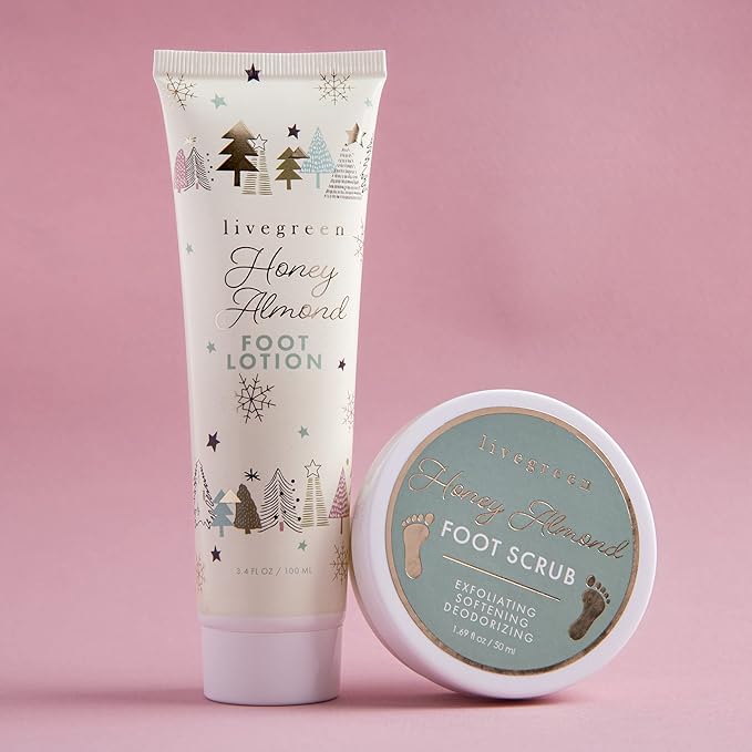 Live Green Bath and Body Set- Foot Spa Set with Fuzzy Socks, Lotion, and Scrub (Honey Almond)