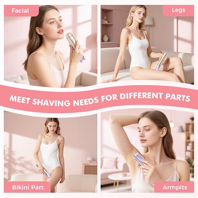 2 in 1 Bikini Trimmer for Women, Dual Head Electric Razor, IPX7 Waterproof Wet/Dry Use Women Electric Shaver, Painless Body Facial Hair Remover for Bikini Legs Arm Underarm, (Lavender)