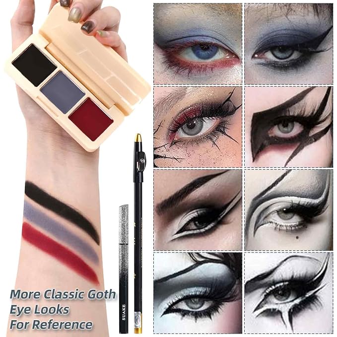 Halloween Goth Makeup, Complete Goth Make Up Set with White Foundation, Black Lipstick, Dark Smokey Eyeshadow Kit for SFX Gothic Makeup, Cosplay, Costume Party, Theater and Film