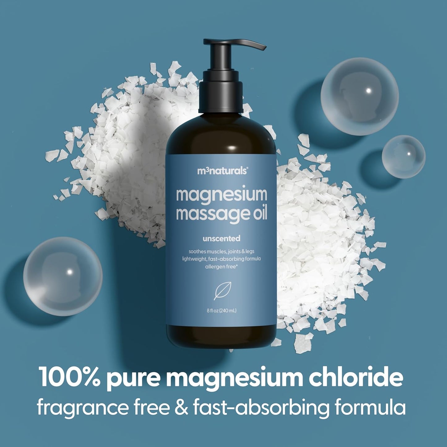 Unscented Magnesium Massage Oil for Sore Muscles, Feet, Joints and Leg Cramps, Helps with Sleeping and Post-Workout Recovery, Fragrance Free Formula for Sensitive Skin, 8 fl oz by M3 Naturals
