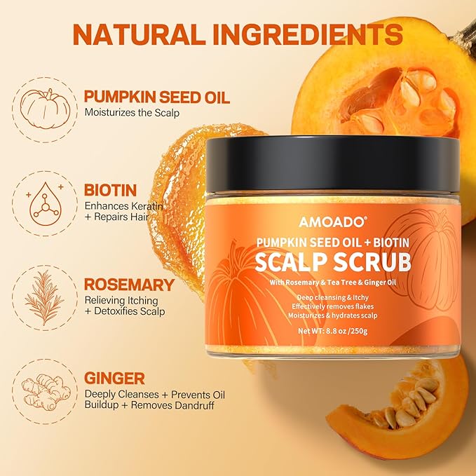 Scalp Scrub, Pumpkin Seed Oil Scalp Exfoliator With Biotin & Rosemary, Sulfate Free Scalp Detox for Itchy Scalp & Dandruff & Buildup Removal & Hair Growth, Hair Scrub with Scrubber