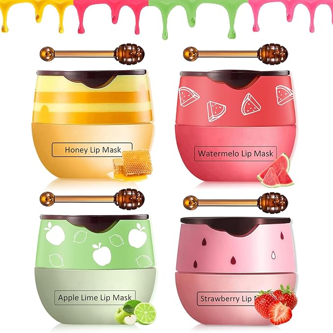 4PCS Bee Lip Balm Honey Pot, Honey & Strawberry & Watermelon&Apple Lime Lip Mask, Lip Balm for Dry Cracked Lips, Lip Scrubs Exfoliator & Moisturizer, Hydrating Lip Balm Honey Lip Balm