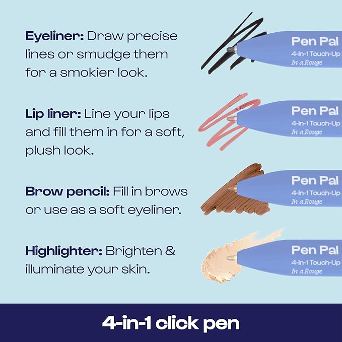 Alleyoop Pen Pal 4-in-1 Makeup Pen - Comes with Eyeliner, Highlighter, Lip Liner, and Eyebrow Pencil - Touch Up On the Go - Cruelty-Free, Vegan (In A Rouge (Light))