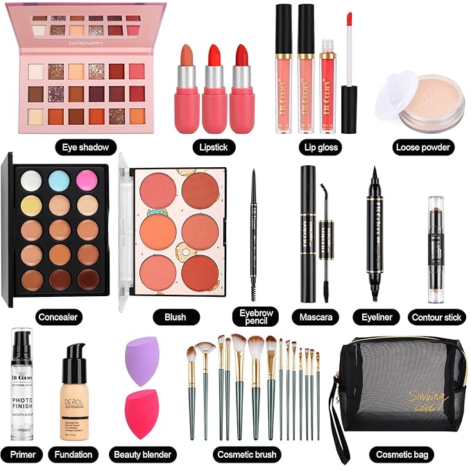 Fenshine Makeup Set,Make Up Starter Kit With Storage Bag Portable Travel Make Up Palette Eyeshadow Foundation Lip Gloss for Teenage & Adults (Type B)