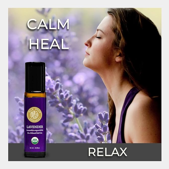 Silk Road Organic Lavender Essential Oil Roll On, Lavandula Angustifolia, 100% Pure USDA Certified Aromatherapy for Calming, Relaxation & Skin - 10 ml Roller - Always Pure, Always Organic