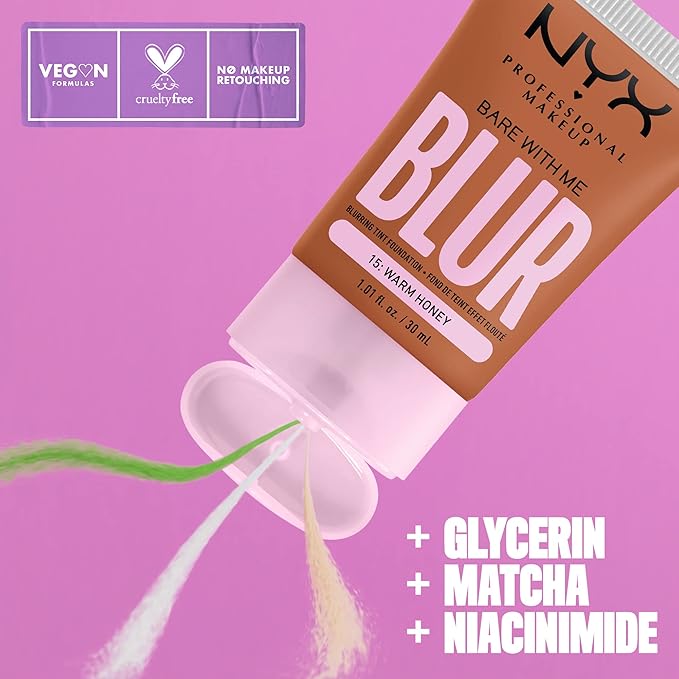 NYX PROFESSIONAL MAKEUP Bare With Me Blur Skin Tint Foundation Make Up with Matcha, Glycerin & Niacinamide - Warm Honey