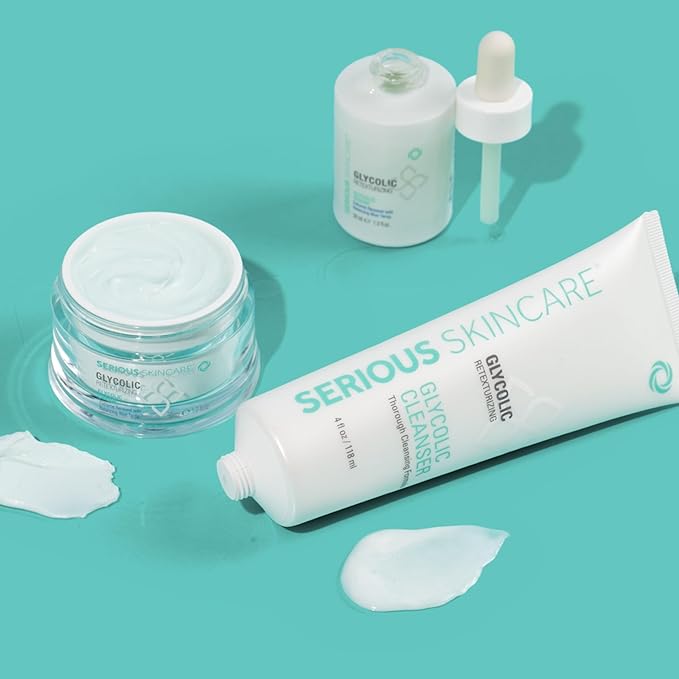 Serious Skincare Glycolic Skin Renewal Set - Retexturizing Serum - Facial Moisture Cream - Face Wash Cleanser - Balancing Blue Tansy Extract - Improve Appearance of Lines, Wrinkles and Enlarged Pores