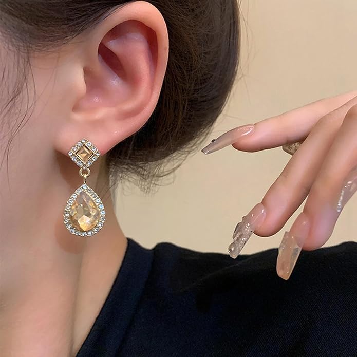 Vintage Crystal Teardrop Earrings Rhinestone Drop Earrings Sparkly Cz Teardrop Dangle Earrings Gold Square Gem Stud Earrings Jewelry for Women
