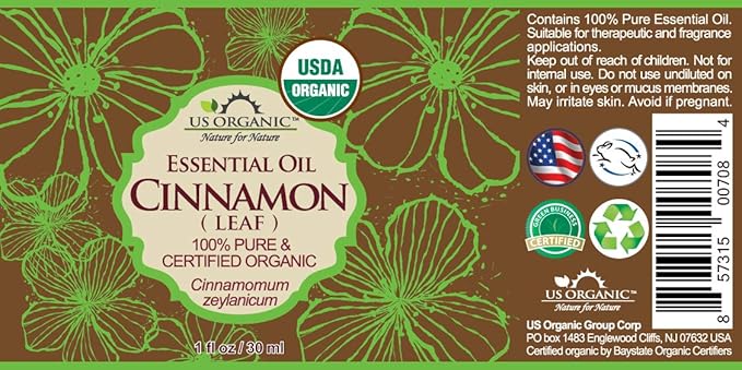 US Organic 100% Pure Cinnamon Leaf Essential Oil - USDA Certified Organic, Steam Distilled - W/Euro Dropper (More Size Variations Available) (30 ml / 1 fl oz)