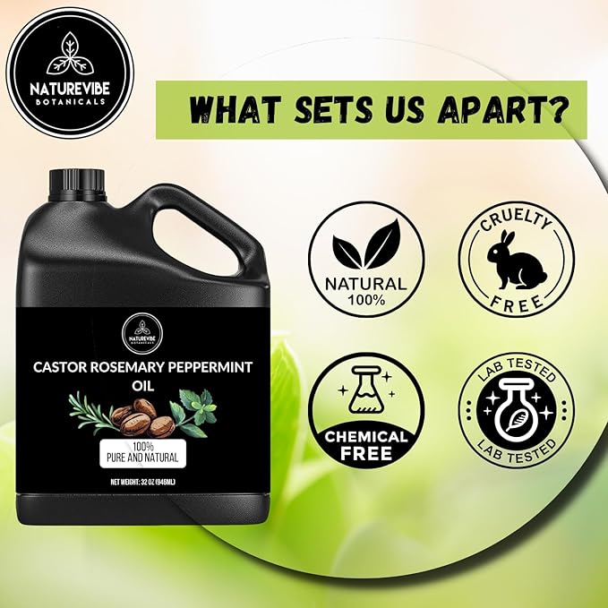 Naturevibe Botanicals Castor with Rosemary and Peppermint Oil 32 Ounces | 100% Pure and Natural | Great for Skin Care and Hair Care