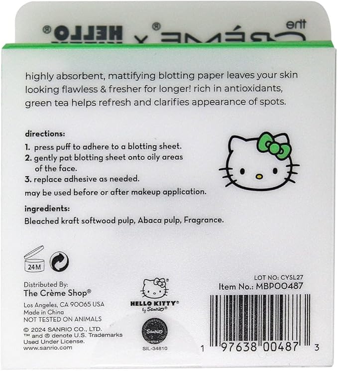 The Crème Shop x Hello Kitty Matcha Blotting Papers + Reusable Compact Mirror - Hello Kitty Collaboration for Oil Control and On-the-Go Touch-ups (Matcha Color Ribbon)