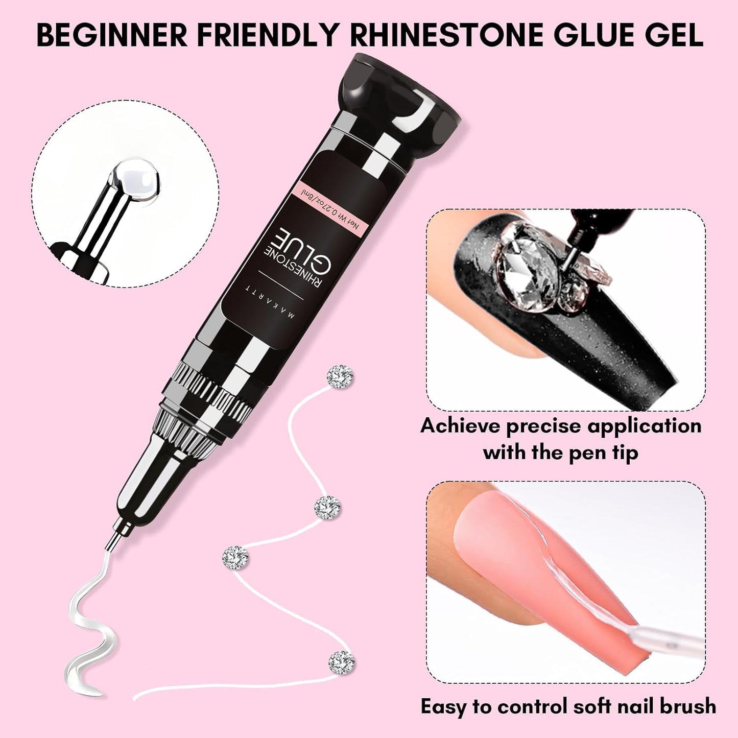 Makartt Rhinestone Glue Kit, 8ml Gel With Brush Pen Tip, Mixed Color Rhinestones, Pearls, Diamonds & Iridescent Crystals for Nail Art, DIY Home Decor, Christmas Design