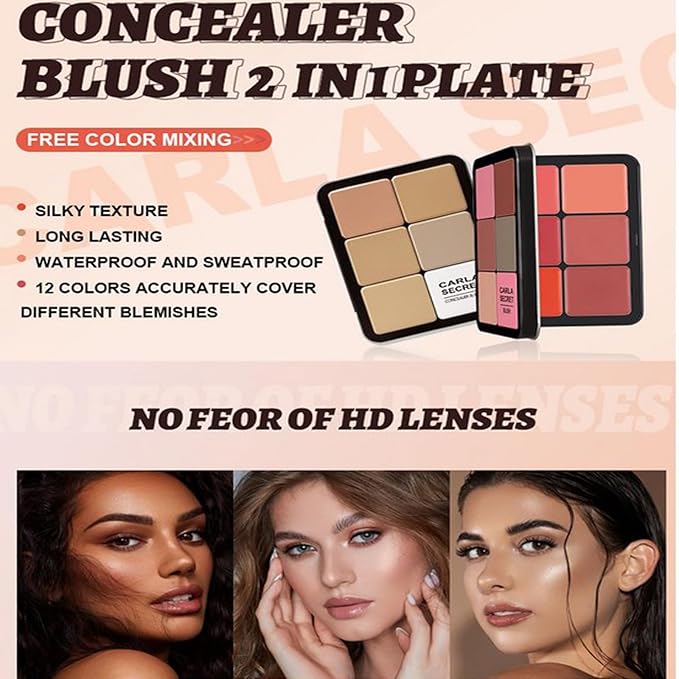 Cream Concealer Palette/Blush Palette Kit, 2 In One Blendable Blush Concealer Contour Set with 11 Pcs Complete Makeup Brush and Storage Bag, High Impact Buildable Color, Vegan & Cruelty Free