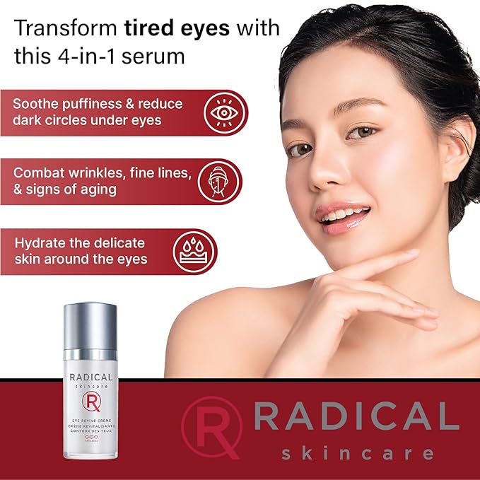 Radical Skincare Eye Revive Creme - 4 in1 Anti-Aging Solution Combats Wrinkles, Dark Circles, Puffiness, & Fine Lines - For All Skin Types Including Sensitive Skin - Paraben & Cruelty Free (0.5 Fl Oz)