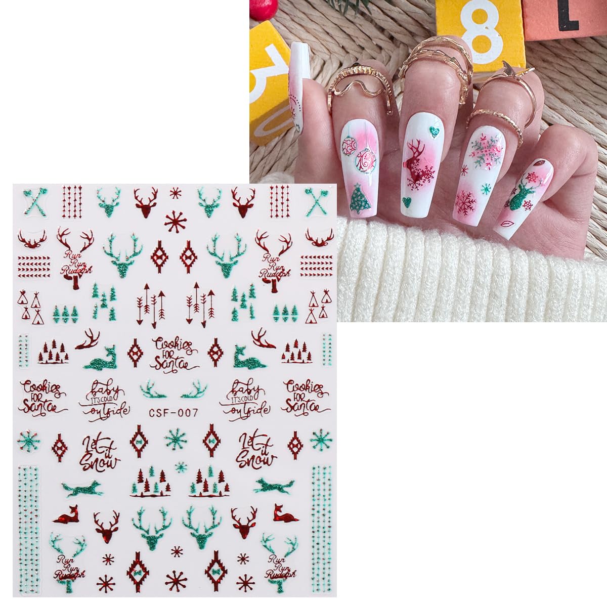 JMEOWIO 9 Sheets Christmas Glitter Nail Art Stickers Decals Self-Adhesive Green Red Snowflake Winter Holiday Nail Supplies Nail Art Design Decoration Accessories