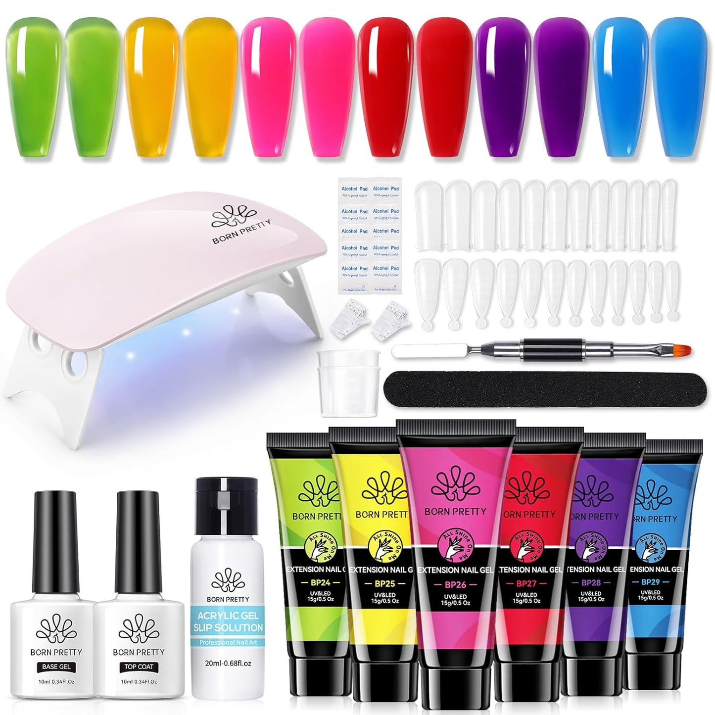 BORN PRETTY Neon Extension Nail Gel Kit-6 Colors Gel Kit Neon Pink Blue All-In-1 with Nail Lamp Base Top Coat Set Nail Forms French Manicure Set