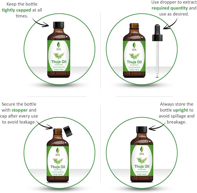 SVA Thuja Essential Oil – 4 Fl Oz – 100% Natural Thuja Oil - for Diffuser, Hair Care, Face, Skin Care, Aromatherapy, Scalp and Body Massage, Soap and Candle Making – with Dropper