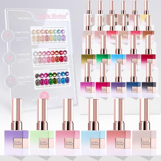 Double Rhythm 28Pcs 0.5Oz Glass Cat Eye Gel Nail Polish Set Same Color Same Bottle Soak Off Magnetic Jelly Gel Polish Kit Nail Art Manicure Salon DIY at Home (Nude Pink Blue Green-T24-10)