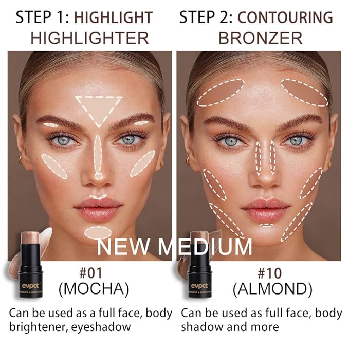 evpct 2Pcs Face Cream Contour Bronzer Sticks Makeup Highlighter Highlight Almond Mocha Creme Cheek Contour Sticks contorno en crema Bronzing Foundation Face Contour Stick Kit,1+10 New Medium