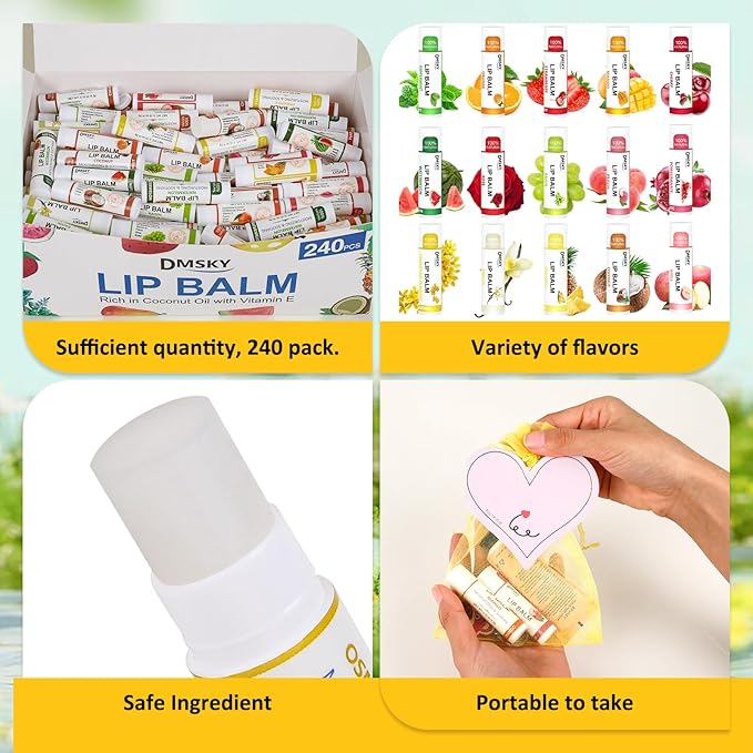 DMSKY 240 Pack Lip Balm, Natural Lip Balm Bulk with Vitamin E and Coconut Oil, Lip Halm Hydrating for Chapped Lips, Gifts for Women Stocking Stuffers Party Favors