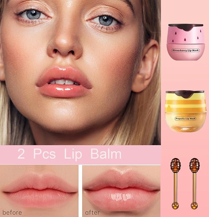 2 PCS Bee Lip Balm Honey Pot, Honey Strawberry Bee Lip Balm Sleeping Lip Mask Overnight with Sticks, Honey Pot Lip Balm Hydrating Exfoliating Prevention Dry and Crack Lip Scrubs